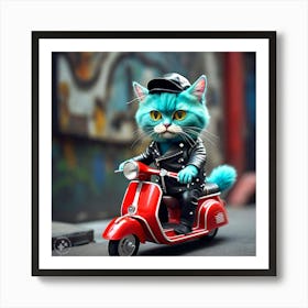 Cat Riding Red Scooter 3 Art Print