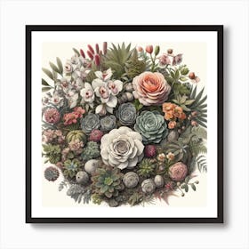 Floral and Foliage: A Realistic Drawing of a Top View of a Botanical Garden with Roses, Orchids, Succulents, and Ferns Art Print