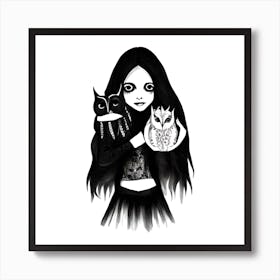 Girl And Owls Art Print