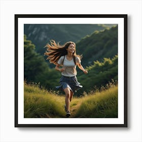 Asian Girl Running In The Mountains Art Print