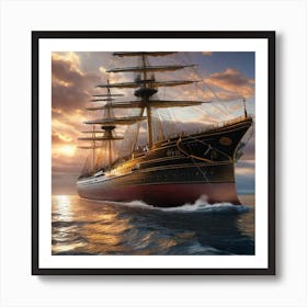 Ship Sailing At Sunset Art Print