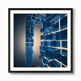 Geometric Blue Cubes Form A Grid Like Network Suspended In Mid Air, Representing The Complexity Of Digital Systems Through Futuristic 3d Visualization Art Print