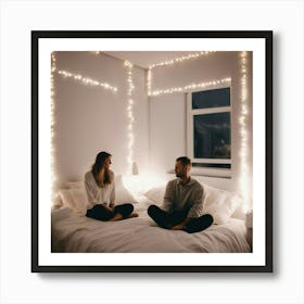 Couple Sitting On Bed With Christmas Lights Art Print