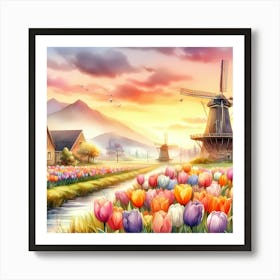 Windmills And Tulips Flower With Flowing River At Sunset Art Print