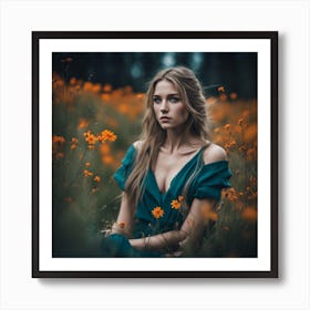 Portrait Of A Girl In A Field Of Flowers Art Print