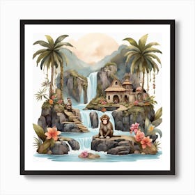 Waterfall and monkeys Art Print