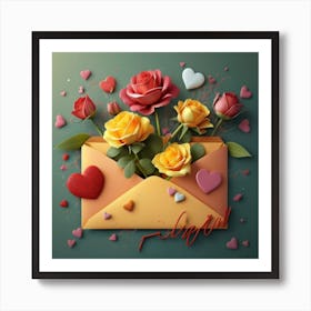 An open red and yellow letter envelope with flowers inside and little hearts outside Art Print