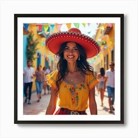 Spanish Woman In A Lively Fiesta, Watercolor With Colorful Festivities 1 Art Print