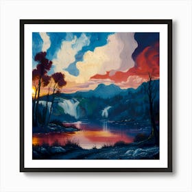 Vibrant sunset over a serene landscape Art Print