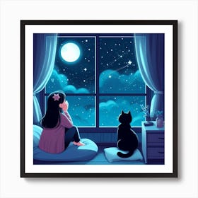 Girl Looking At The Moon Art Print