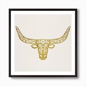 Floral Longhorn   Metallic Gold Silhouette Square Art Print