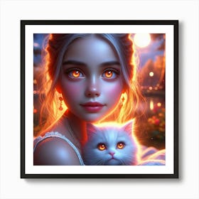 Beautiful Girl With Cat 1 Art Print