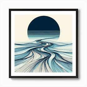"Moonscape Currents"   Sweeping lines flow across the canvas, creating a mesmerizing landscape under a grand celestial body. This artwork combines the tranquility of a moonlit sky with the dynamic movement of the tides, offering a serene yet powerful visual experience. Its striking use of line and contrast makes it a captivating centerpiece for any space. Art Print