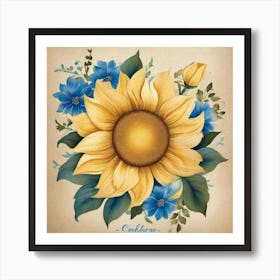 Sunflower with blue flowers  Art Print