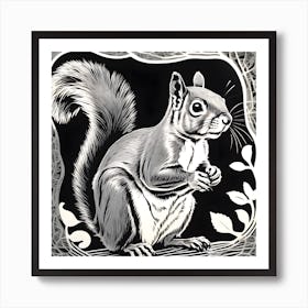 Squirrel In Black And White Linocut Art Print