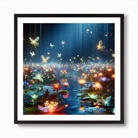 Serene Landscape In A Magical Place With Neon Flowers And Tiny Fairies Art Print