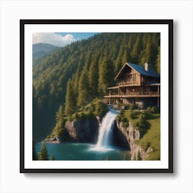 Cabin on waterfall Art Print