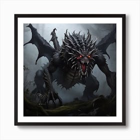 A giant monster hybrid of dragon and a spider, in a dark dense foggy forest Art Print