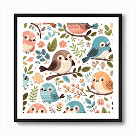 Cute Birds Seamless Pattern 4 Affiche