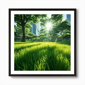 Bright Green Grass Under A Radiant Sun Swathed In Tokyo City Stands Out Against The Contrasting Sh (1) Art Print