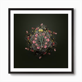 Vintage Lesser Wild Daffodil Flower Wreath on Olive Green n.0223 Art Print