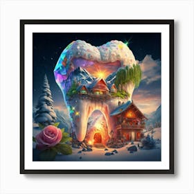 , a house in the shape of giant teeth made of crystal with neon lights and various flowers 4 Art Print