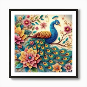 Peacock on flower branch 1 Art Print