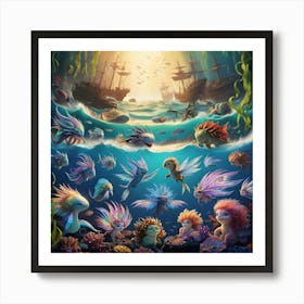 A Vibrant Whimsical Underwater Scene Featuring Different Sea Life 1 Art Print