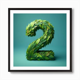 The Number 2 Made Out Of Leaves, On A Teal Background, Photorealistic Art Print