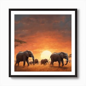 Elephants At Sunset Art Print