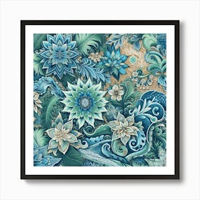 Batik, Blue Floral Pattern 2 Art Print