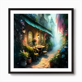 Quiet and attractive dining nook, overgrown flowers, high quality, detailed, highly 3D, elegant carved cart, 22 Art Print