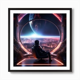 The Image Depicts A Futuristic Space Scene With A Man Sitting On A Couch In Front Of A Large Window That Offers A Breathtaking View Of The Galaxy 3 Art Print