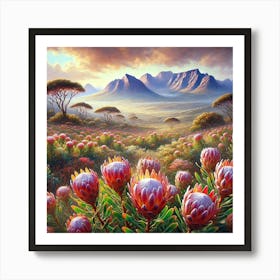 An Oil Painting Of A Field Of Protea Flowers In South Africa.AI 1 Art Print