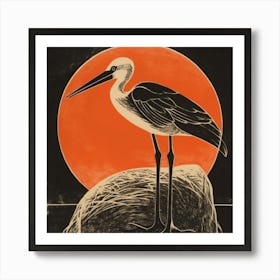 Retro Bird Lithograph Stork 2 Art Print