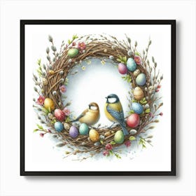 Easter Wreath With Two Birds And Dyed Eggs, Watercolor Painting Style Art Print