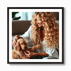 Woman With Curly Hair And Puppy Art Print
