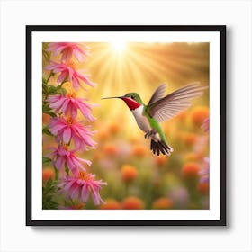 Ruby Throated Hummingbird Hovering Delicately Over Vibrant Flowers Extracting Nectar Backdrop Of I 984678035 Art Print