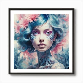 Girl With Blue Hair And Flowers Art Print