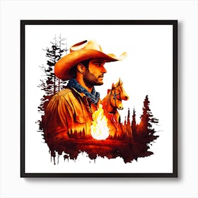 Cowboy and Horses in Western Scene Art Print