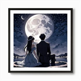 Couple Under The Moon, A Single Elegant Line Drawing Of A Men And Woman Art Of Sitting To Gather Alone Back Side Pose Art Print