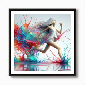 Girl Running With Paint Splashes Art Print