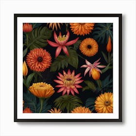 Seamless Pattern With Orange Flowers Art Print