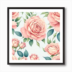 Pink Roses Watercolor Flowers Seamless Pattern  Art Print