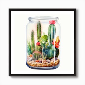 Watercolor Colorful Cactus in a Glass Jar 1 Art Print