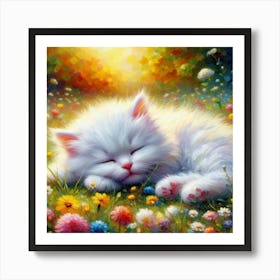 White Kitten Sleeping In The Meadow Art Print