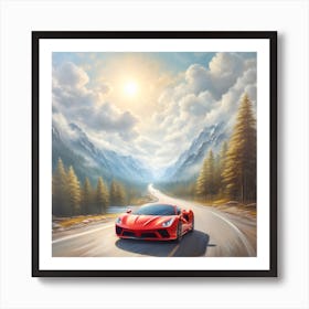Red Sports Car In The Mountains Art Print