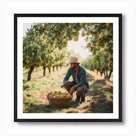 Farmer Picking Pears In The Orchard Art Print