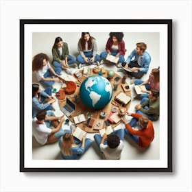 Group Of People Sitting Around A Globe Art Print