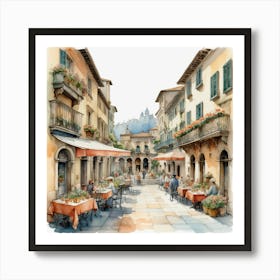 Italian Cafe Street With Old Buildings, Watercolor Painting Art Art Print